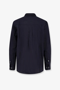 Tonywack unisex wool blend striped shirt in dark navy blue with subtle vertical pinstripes and a classic collar