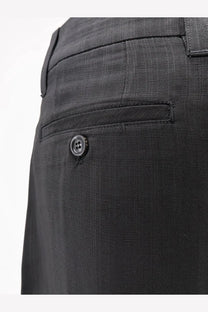 Tonywack women’s airy rayon trousers in black featuring dark gray textured fabric with a subtle woven pattern and matching button closure