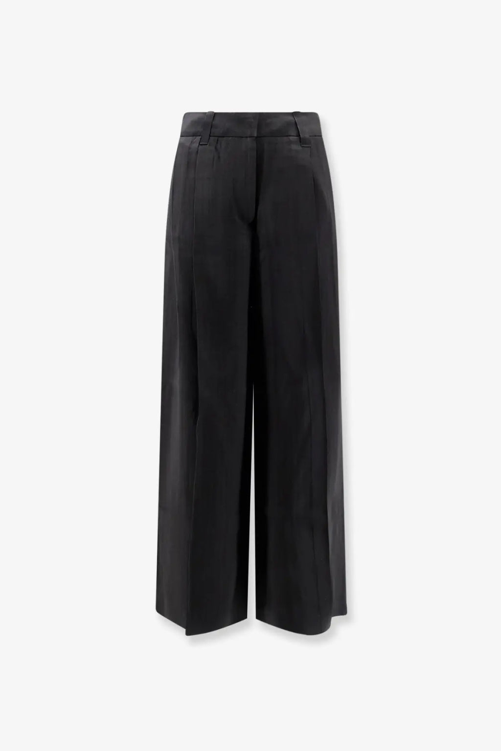 Black high-waisted wide-leg airy rayon trousers for women with a sleek tailored silhouette and subtle front pleats