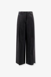 Black high-waisted wide-leg airy rayon trousers for women with a sleek tailored silhouette and subtle front pleats