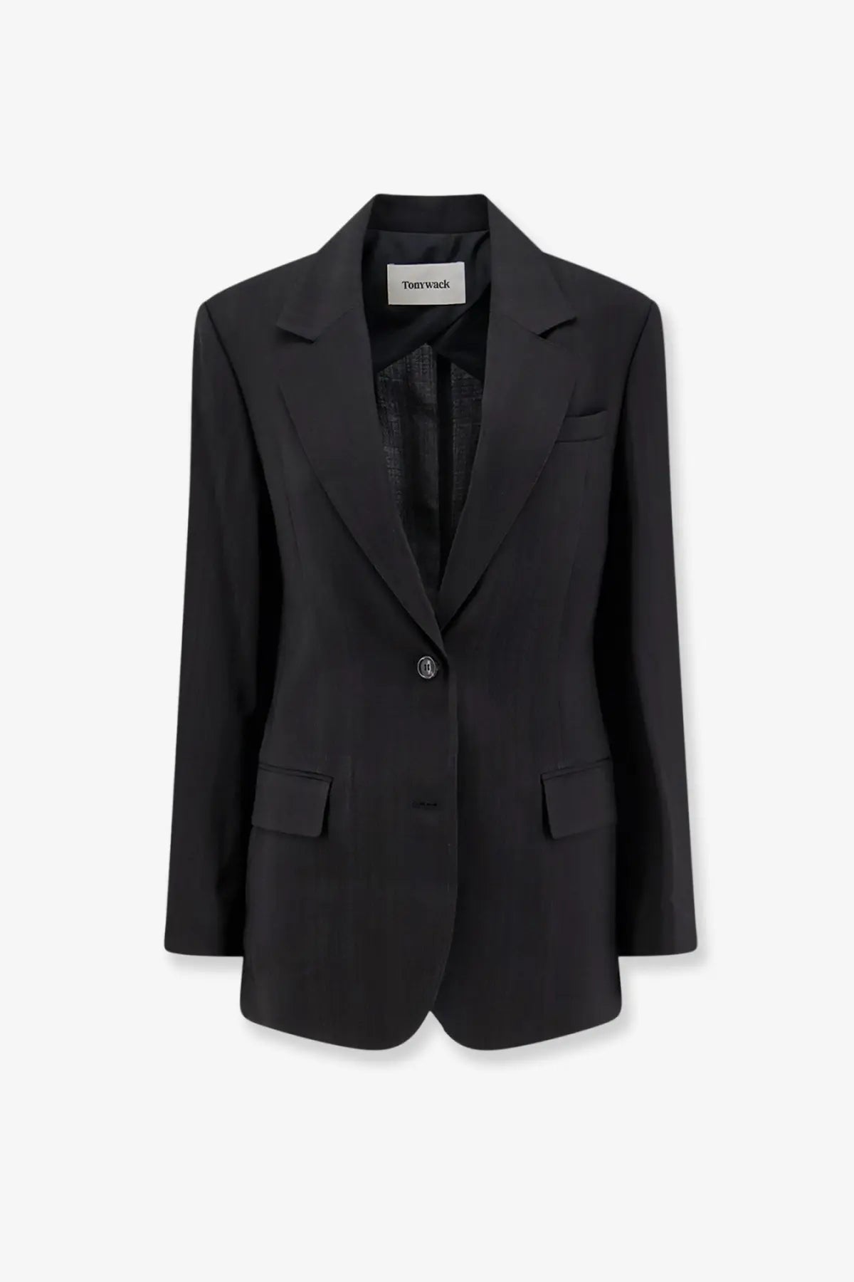 Tonywack women’s airy tailored black rayon blazer with single button and structured lapels