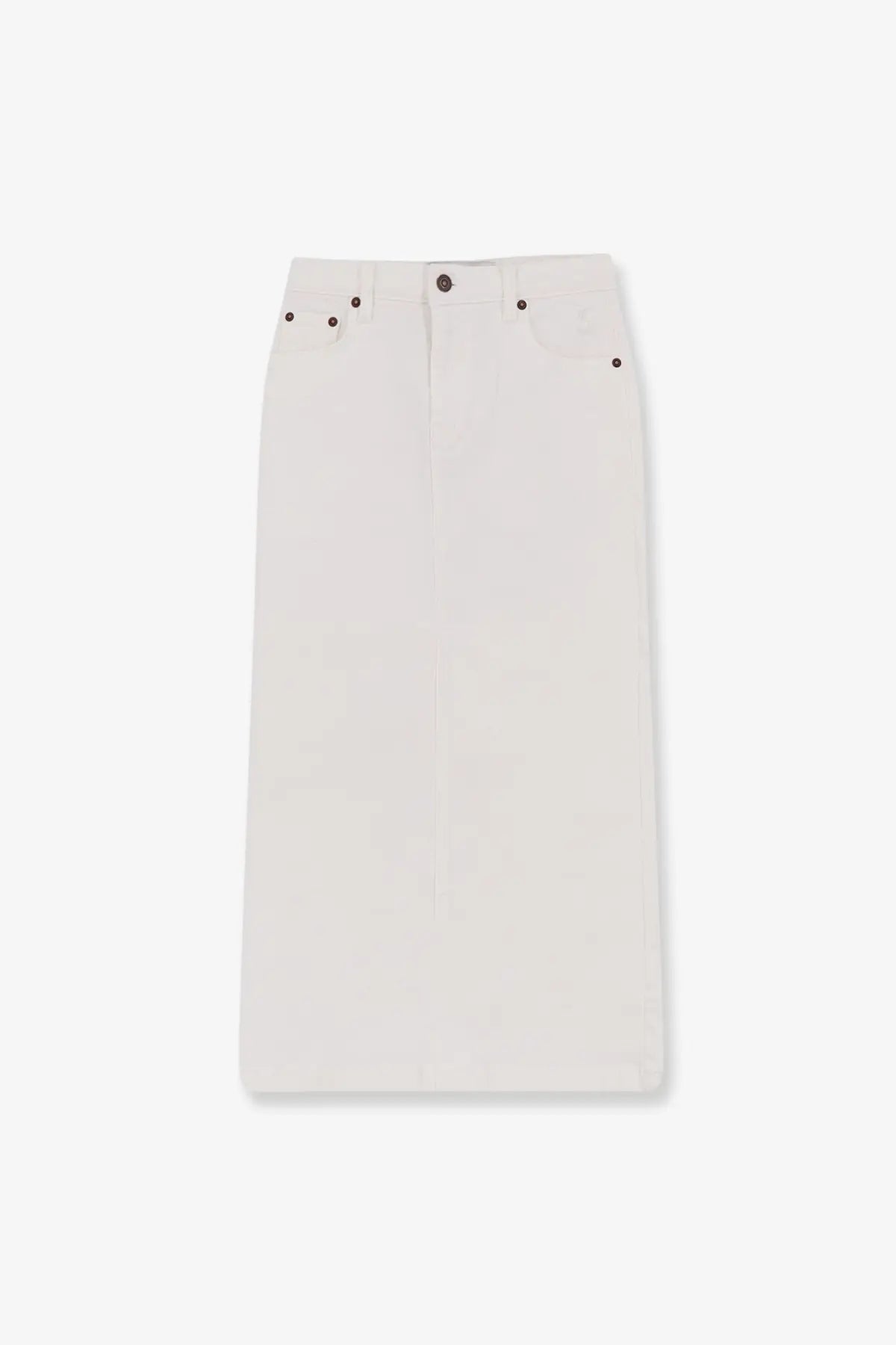 Tonywack women’s white cotton skirt with minimalist design black button accents and straight cut style