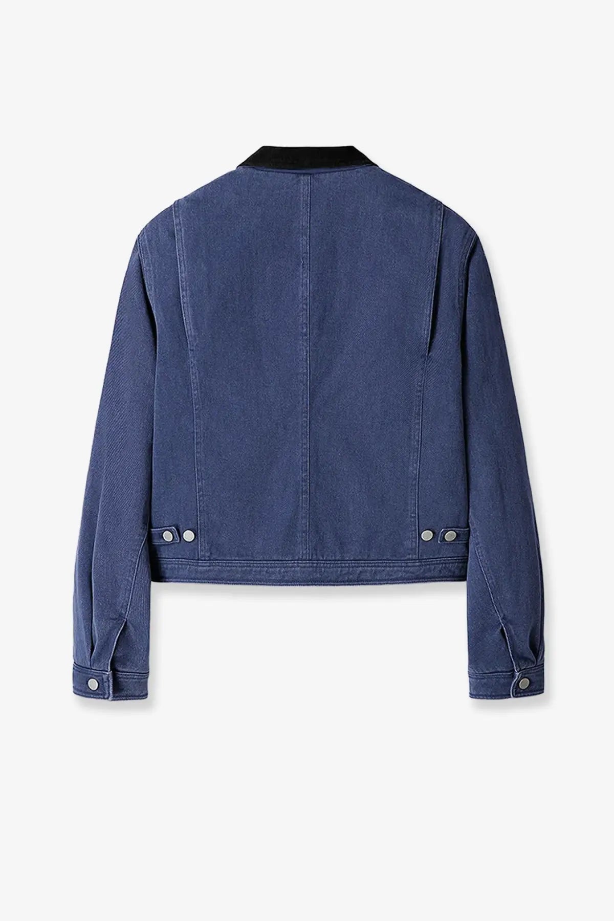 Tonywack women’s crop fit blue denim jacket with black collar and silver buttons in blue denim material