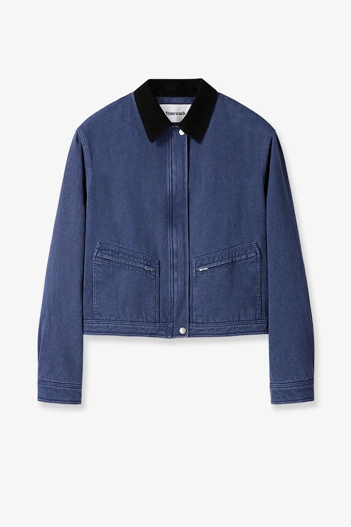 Tonywack women’s crop fit blue denim jacket with navy blue fabric, black collar, and two front pockets