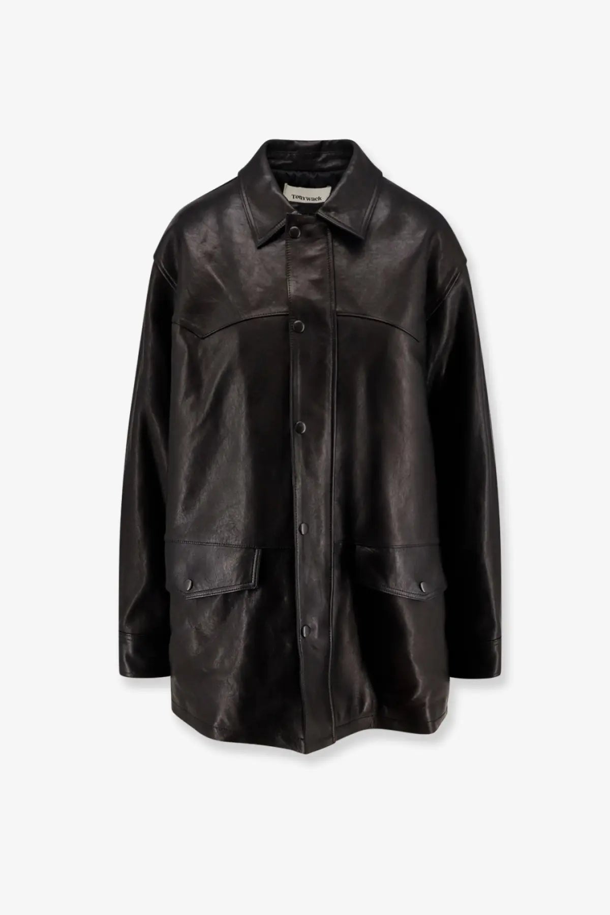 Tonywack women’s long padded black leather unisex jacket with buttons, collar, and two front pockets