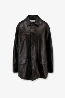 Tonywack women’s long padded black leather unisex jacket with buttons, collar, and two front pockets