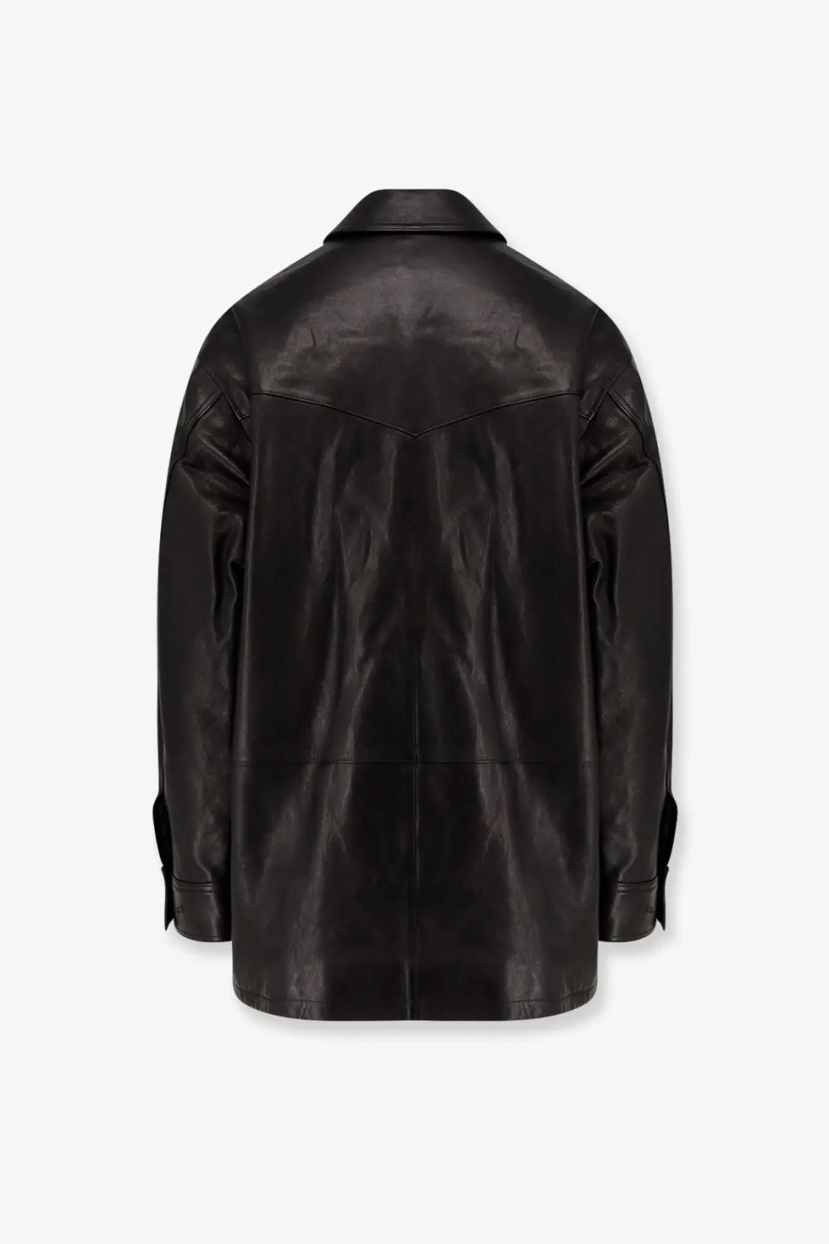 Tonywack women’s long padded black leather jacket with structured slightly glossy finish and subtle stitching details