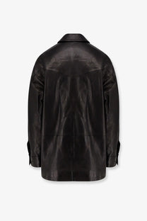 Tonywack women’s long padded black leather jacket with structured slightly glossy finish and subtle stitching details