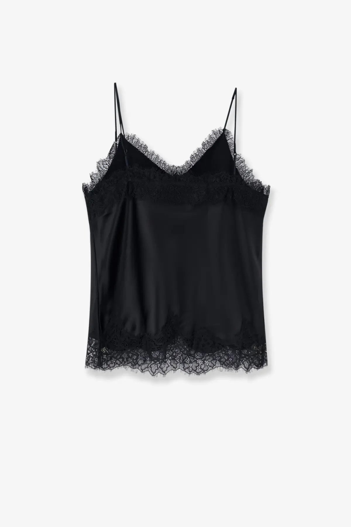 Tonywack women’s black satin camisole with delicate lace trim along neckline and hem