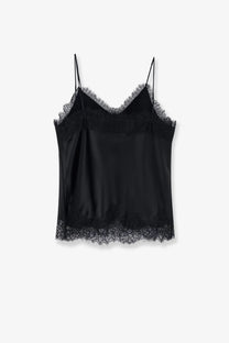 Tonywack women’s black satin camisole with delicate lace trim along neckline and hem