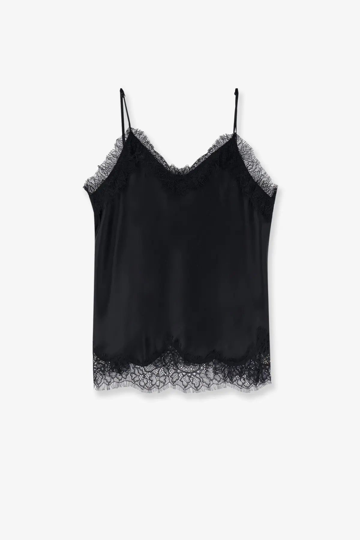 Tonywack women’s satin top black featuring a black satin camisole with delicate lace trim along the neckline and hem