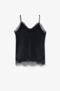 Tonywack women’s satin top black featuring a black satin camisole with delicate lace trim along the neckline and hem