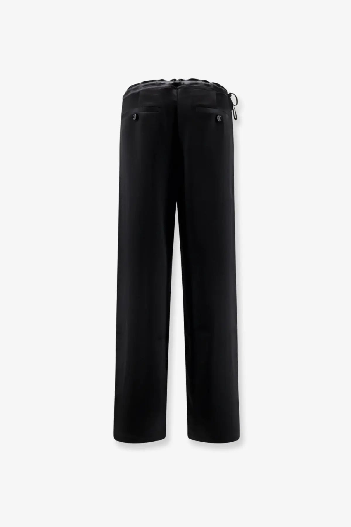 Tonywack women’s black satin wide-leg trousers with a drawstring waist and subtle button details