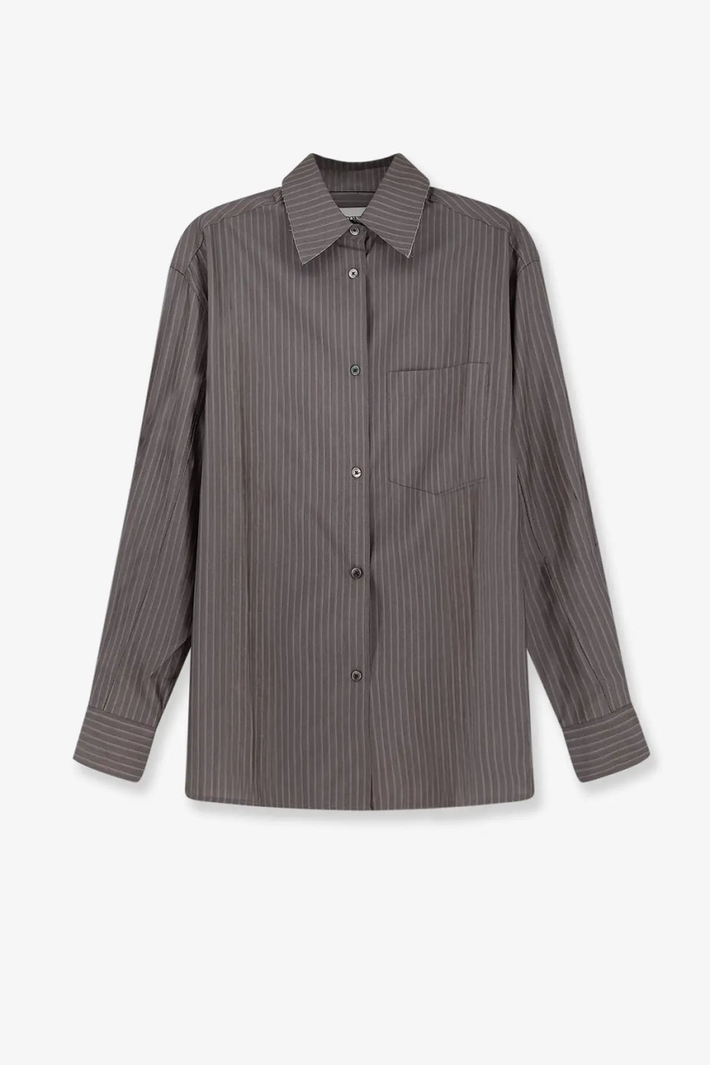 Tonywack women’s silk and wool blend dark gray button-up shirt with fine vertical stripes and classic collar