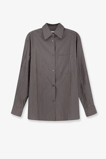 Tonywack women’s silk and wool blend dark gray button-up shirt with fine vertical stripes and classic collar