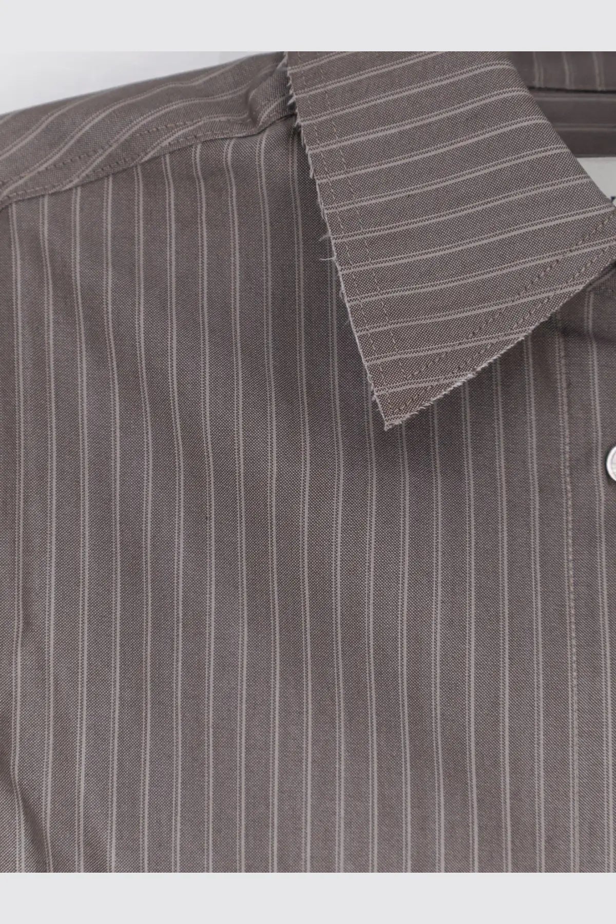Tonywack women’s grey silk and wool blend dress shirt with dark gray pinstripes and a neatly folded collar