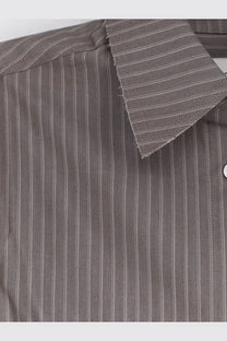 Tonywack women’s grey silk and wool blend dress shirt with dark gray pinstripes and a neatly folded collar