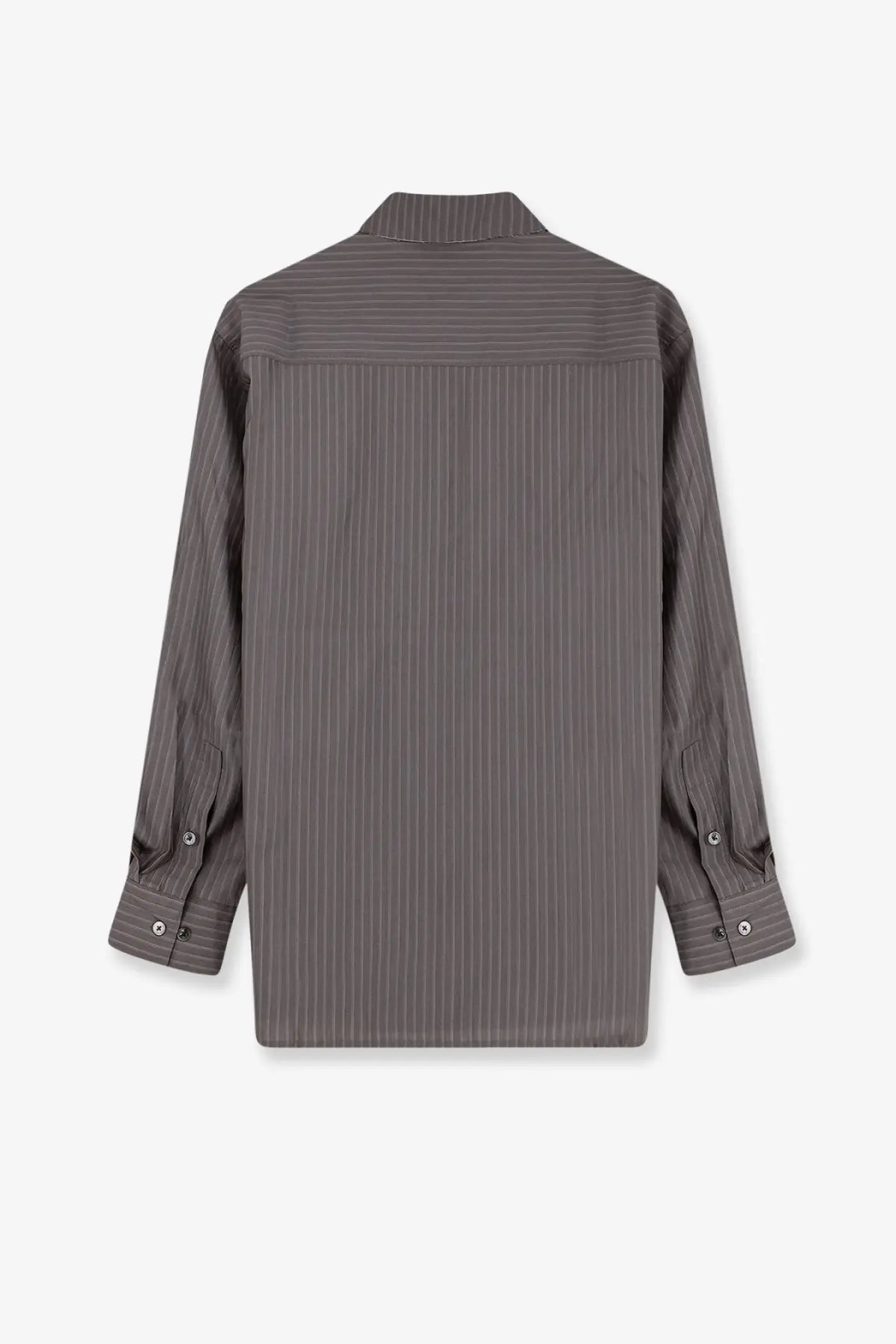 Tonywack women’s dark gray pinstripe long sleeved silk and wool blend button up shirt with classic collar and cuffs
