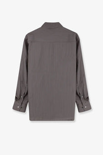 Tonywack women’s dark gray pinstripe long sleeved silk and wool blend button up shirt with classic collar and cuffs