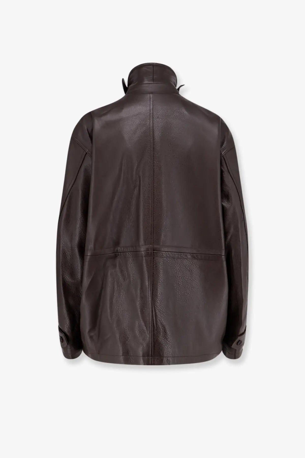 Tonywack women’s unisex dark brown leather jacket with high collar and subtle stitching details