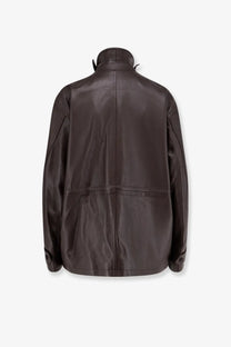 Tonywack women’s unisex dark brown leather jacket with high collar and subtle stitching details