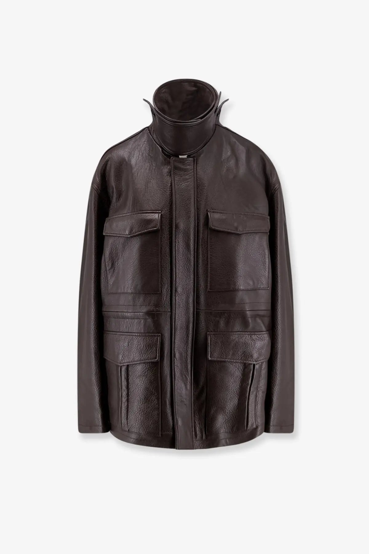 Tonywack women’s unisex dark brown leather jacket with high collar and multiple flap pockets