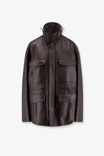 Tonywack women’s unisex dark brown leather jacket with high collar and multiple flap pockets