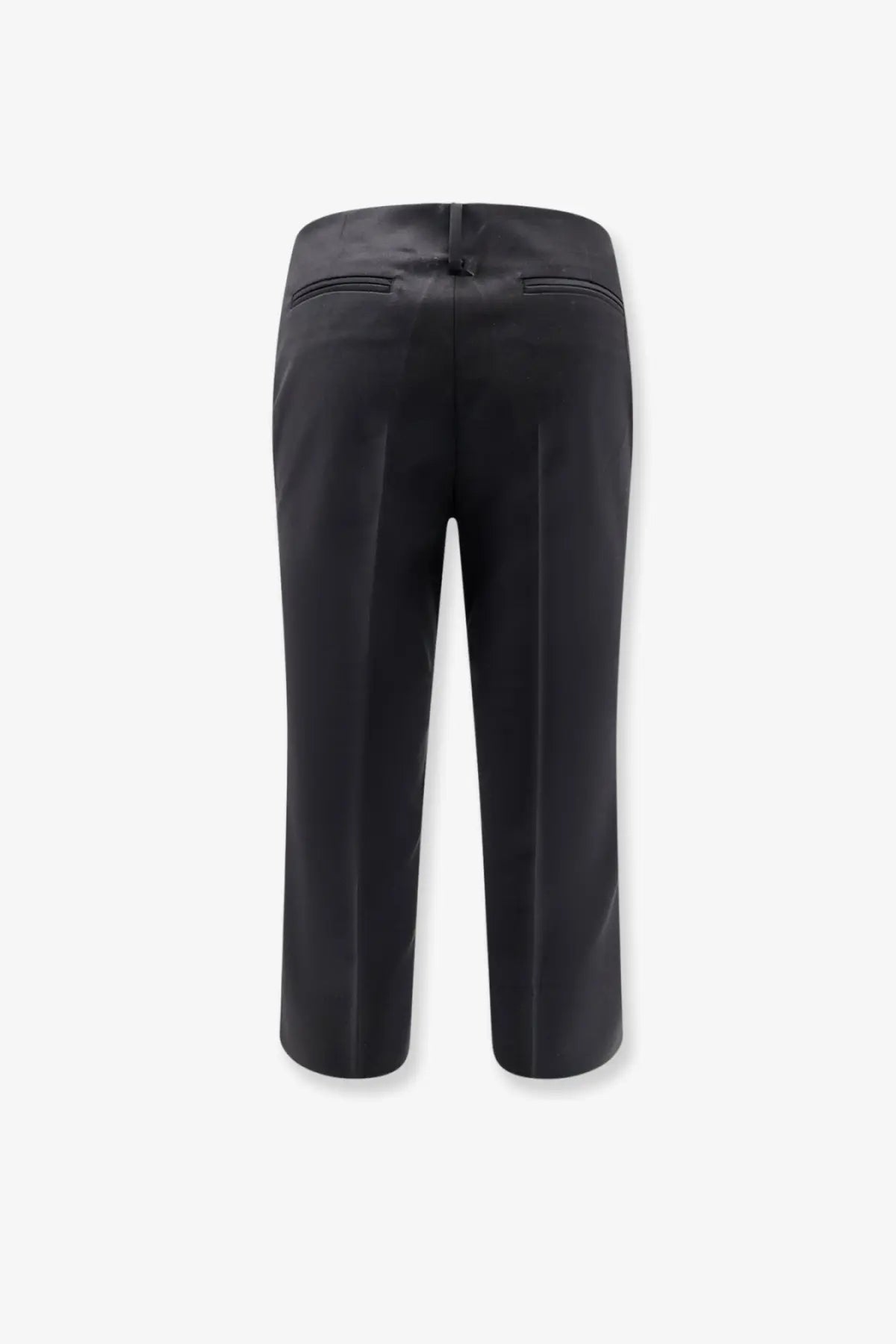 Tonywack women’s black wool blend capri trousers with sleek straight-leg cut and subtle back pleats shown from the back