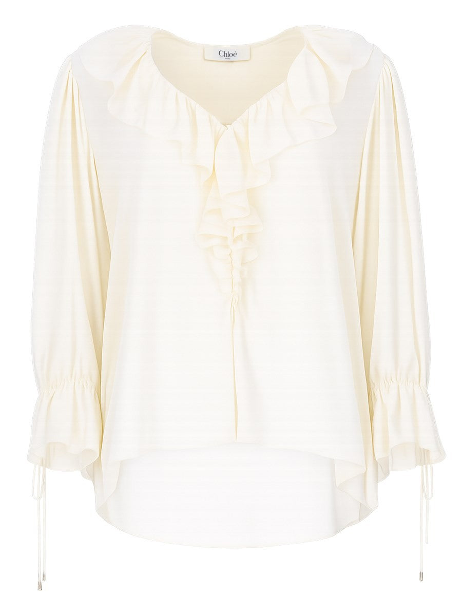 Chloé Women's Top Con Volant Scollo in Crêpe DE Chine White