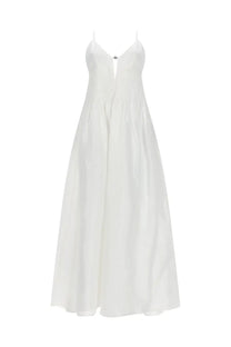 Tory burch women’s abito lungo white sleeveless linen maxi dress with thin spaghetti straps and pleated waist detail