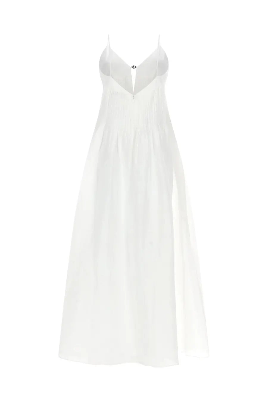 Tory Burch women’s abito lungo white linen maxi dress with spaghetti straps deep v neckline and sheer overlay