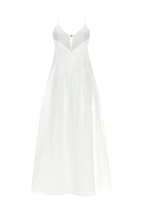 Tory Burch women’s abito lungo white linen maxi dress with spaghetti straps deep v neckline and sheer overlay