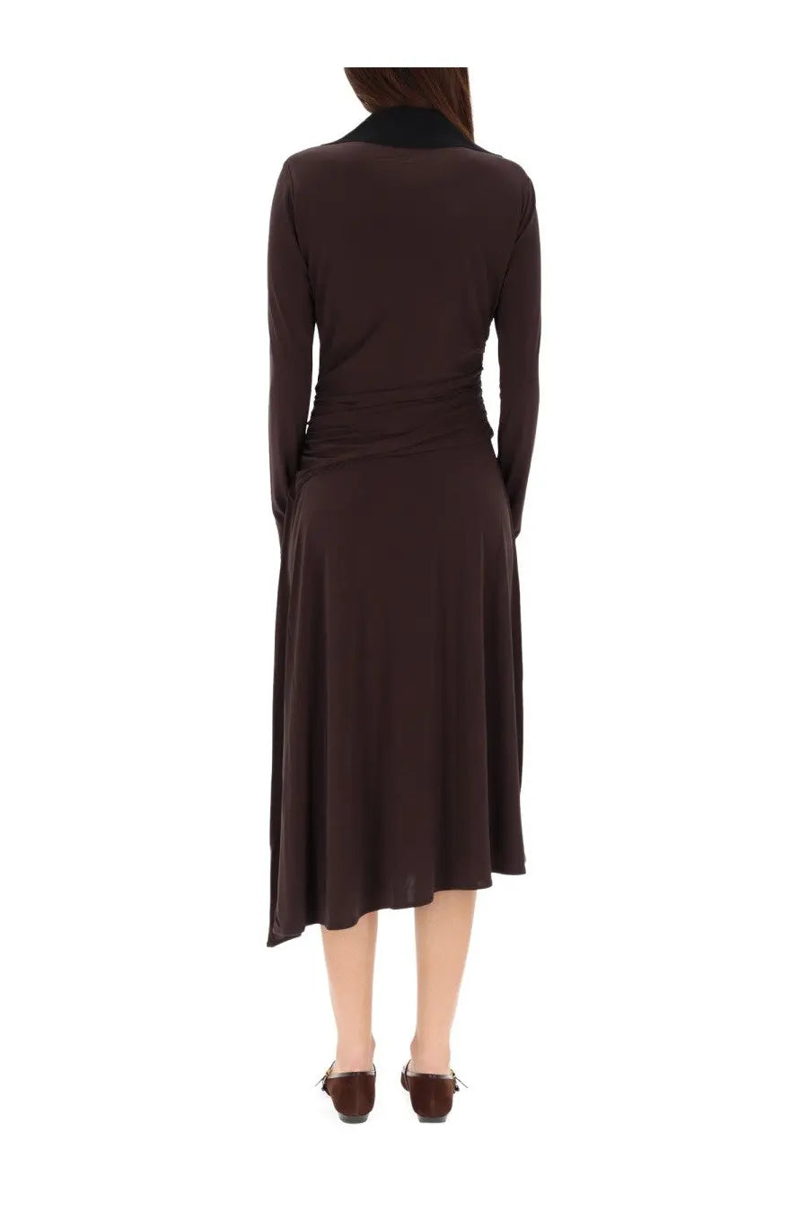 Tory Burch women’s dark brown long-sleeved midi dress with black collar and asymmetrical hemline