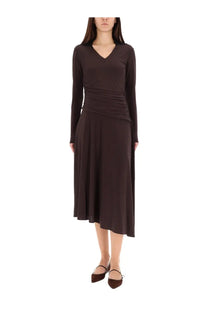Tory Burch women’s asymmetrical midi dress brown sleek dark brown long-sleeved wrap dress with v-neckline