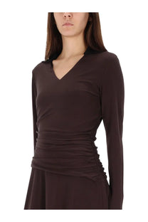 Tory Burch women’s brown asymmetrical midi dress with sleek dark brown long-sleeved v-neck top and ruched waistband
