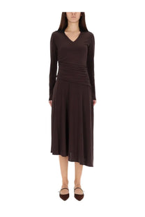 Tory Burch women’s asymmetrical midi dress in dark brown with long sleeves v-neckline and gathered waistband
