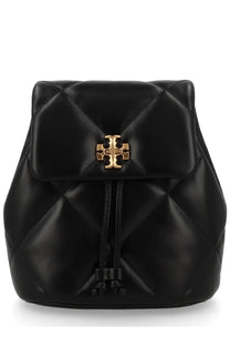 Black quilted leather Tory Burch Kira mini backpack with gold-tone logo clasp and drawstring closure
