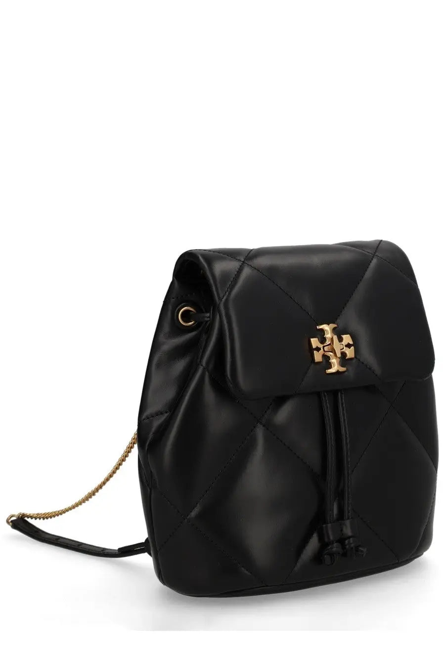 Tory Burch women’s Kira mini backpack in black quilted leather with gold-tone logo clasp and chain strap