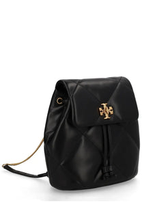 Tory Burch women’s Kira mini backpack in black quilted leather with gold-tone logo clasp and chain strap