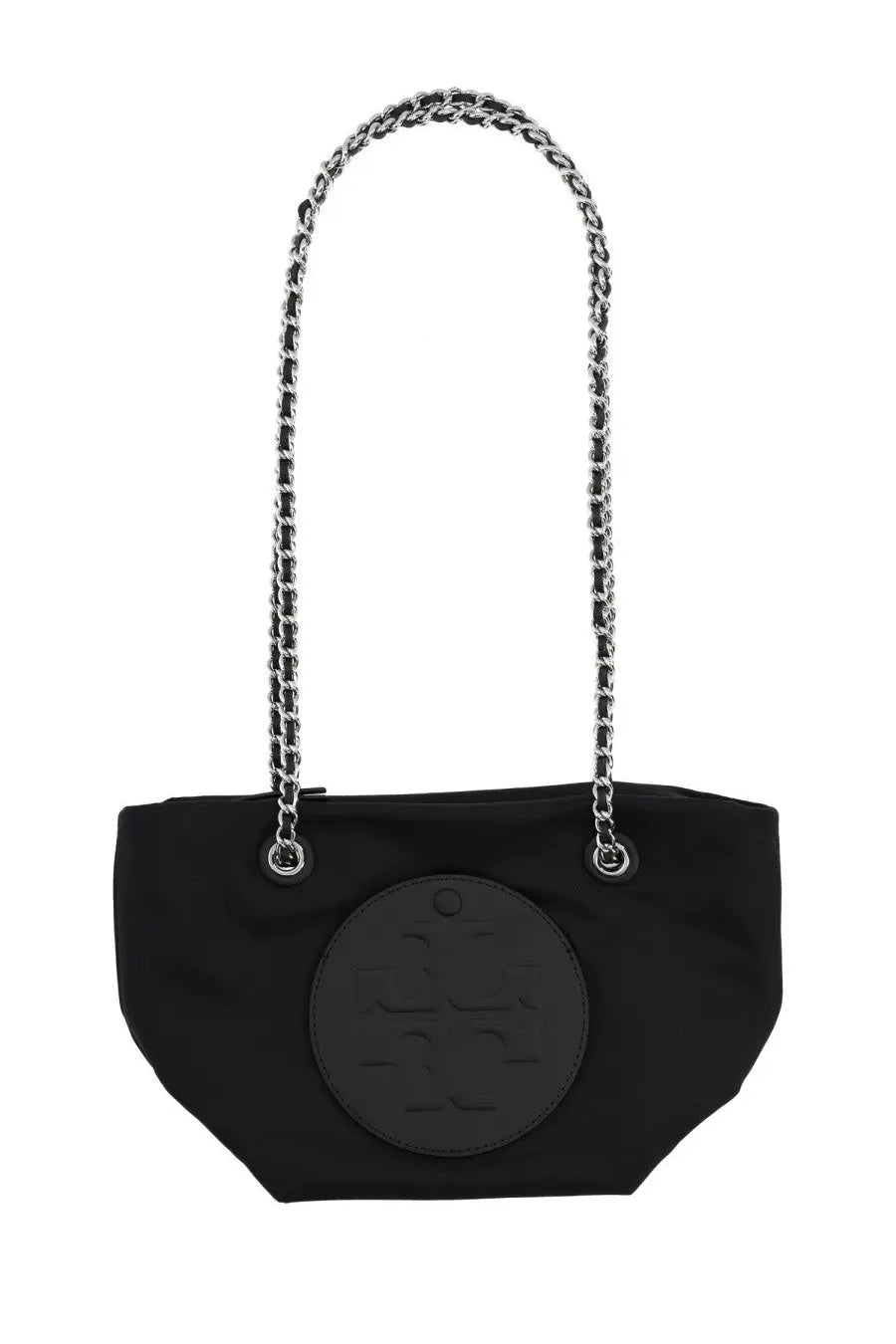 Tory Burch women’s small black nylon tote bag with silver chain strap and circular embossed logo