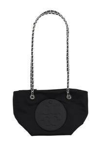 Tory Burch women’s small black nylon tote bag with silver chain strap and circular embossed logo