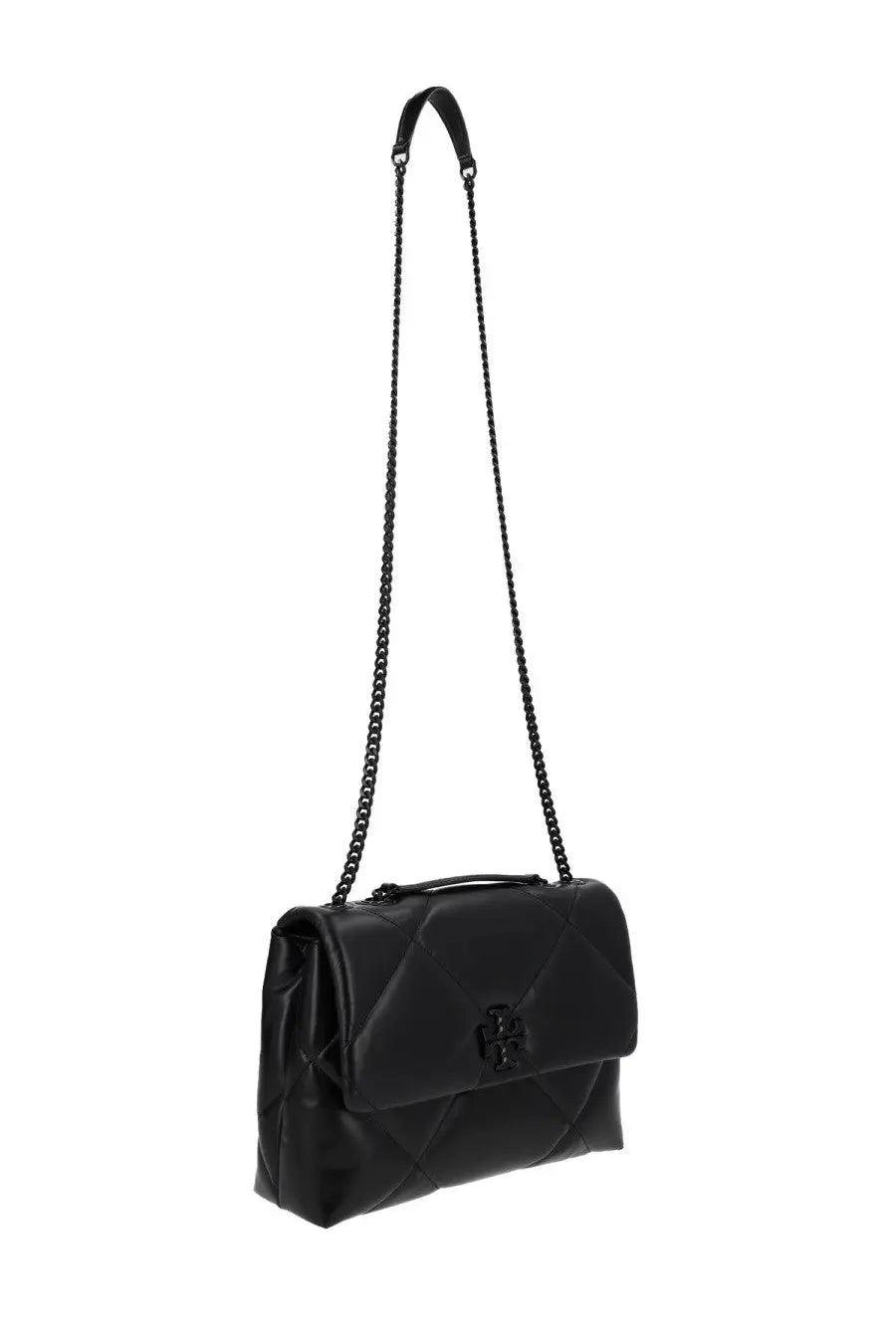 Black quilted leather crossbody bag with chain strap and metallic Tory Burch logo clasp for women