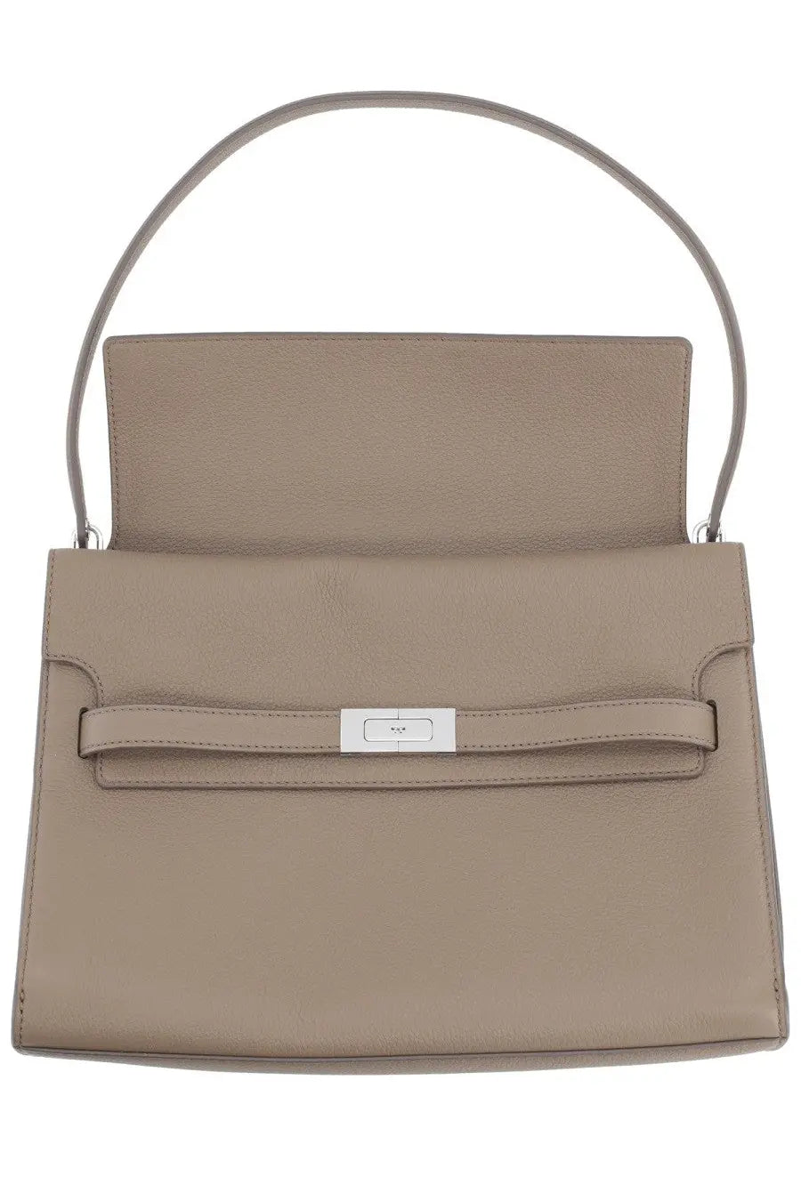 Tory burch women’s lee radziwill large beige leather handbag with silver-toned clasp and matching curved handle