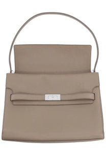 Tory burch women’s lee radziwill large beige leather handbag with silver-toned clasp and matching curved handle
