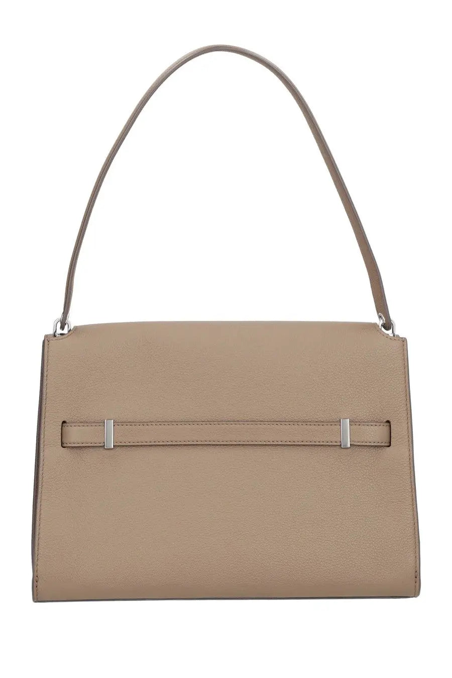 Tory Burch womens beige leather handbag with silver hardware and single top handle large Lee Radziwill bag