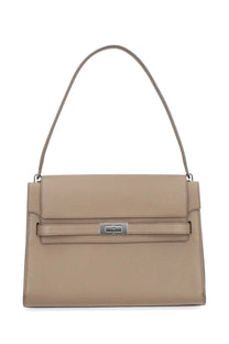Tory Burch women’s lee radziwill large beige handbag in textured leather with silver hardware and curved top handle