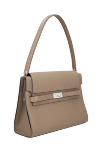 Tory Burch women’s Lee Radziwill large beige handbag in textured leather with silver hardware and structured flap design