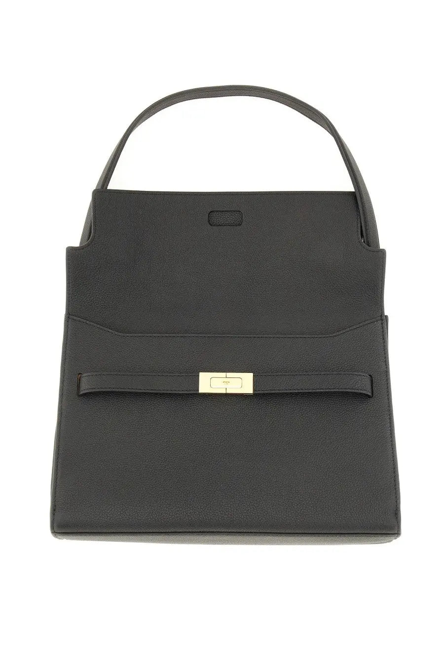 Tory Burch women’s lee radziwill large black leather handbag with gold-tone clasp and top handle