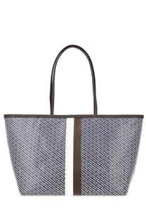 Tory Burch women’s tote bag in racer blue with gray white geometric pattern and brown cream side stripes