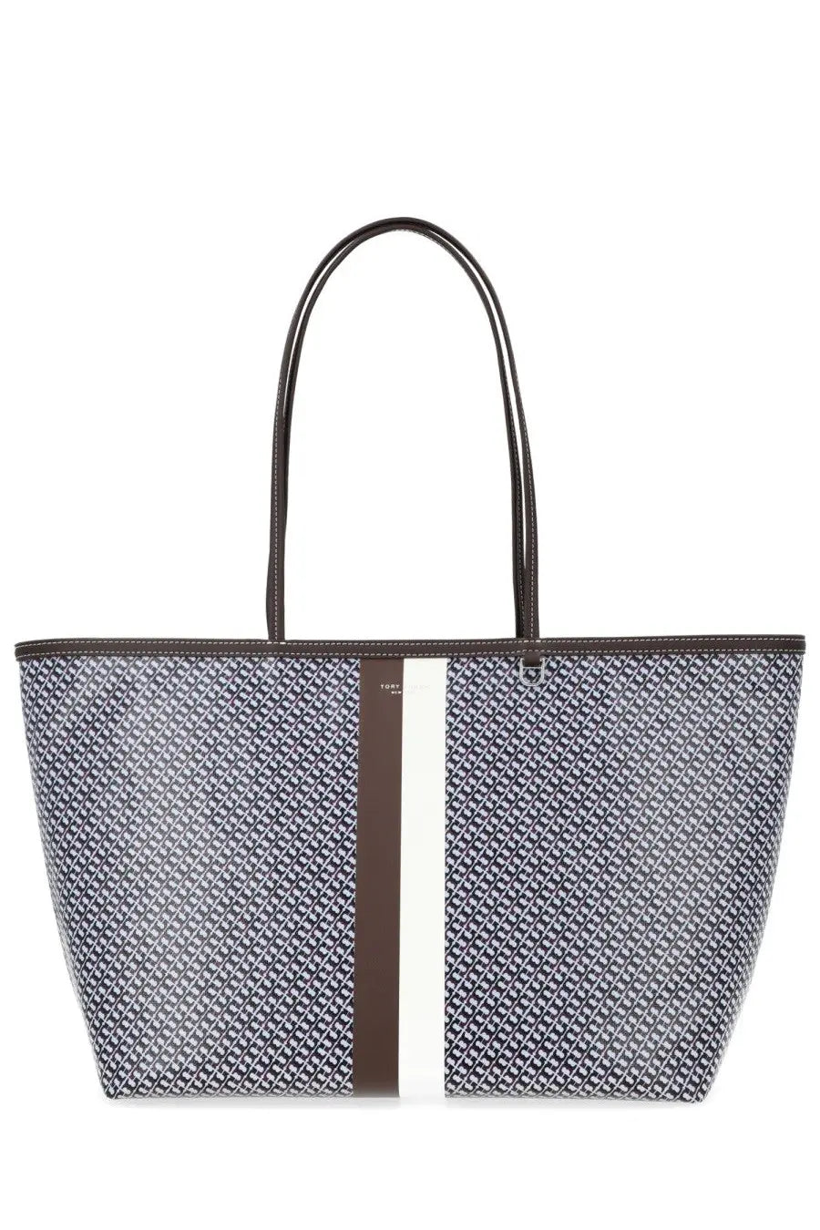 Tory Burch women’s tote bag Racer Blue with gray and white geometric pattern and brown cream vertical stripes